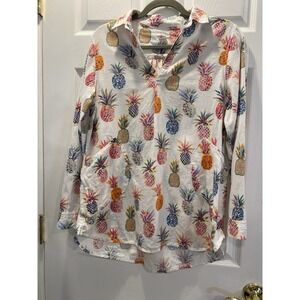 Sigrid Olsen Pineapple Print Button Down‎ Top White Linen Blend Shirt Size S